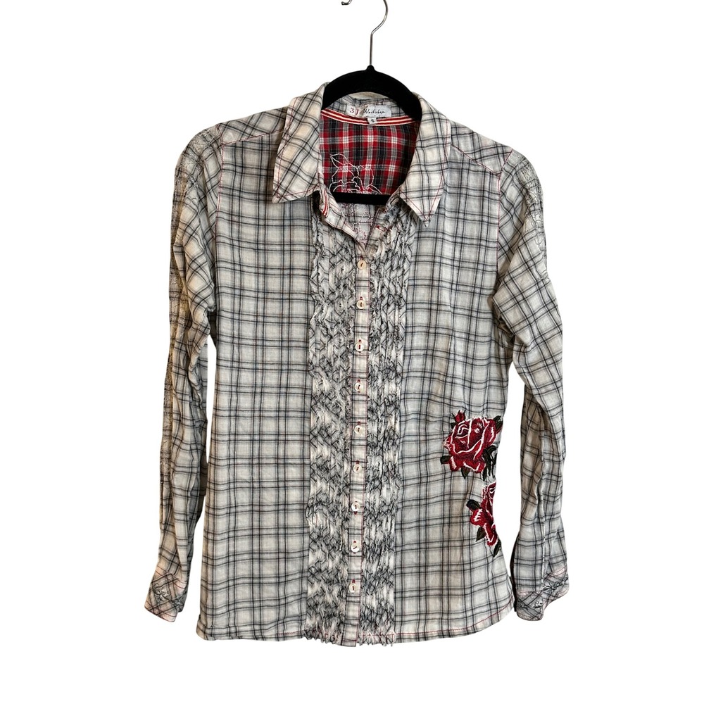 3J Workshop Johnny Was Embroidered Rose‎ Shirt Size S Black Plaid Boho Western